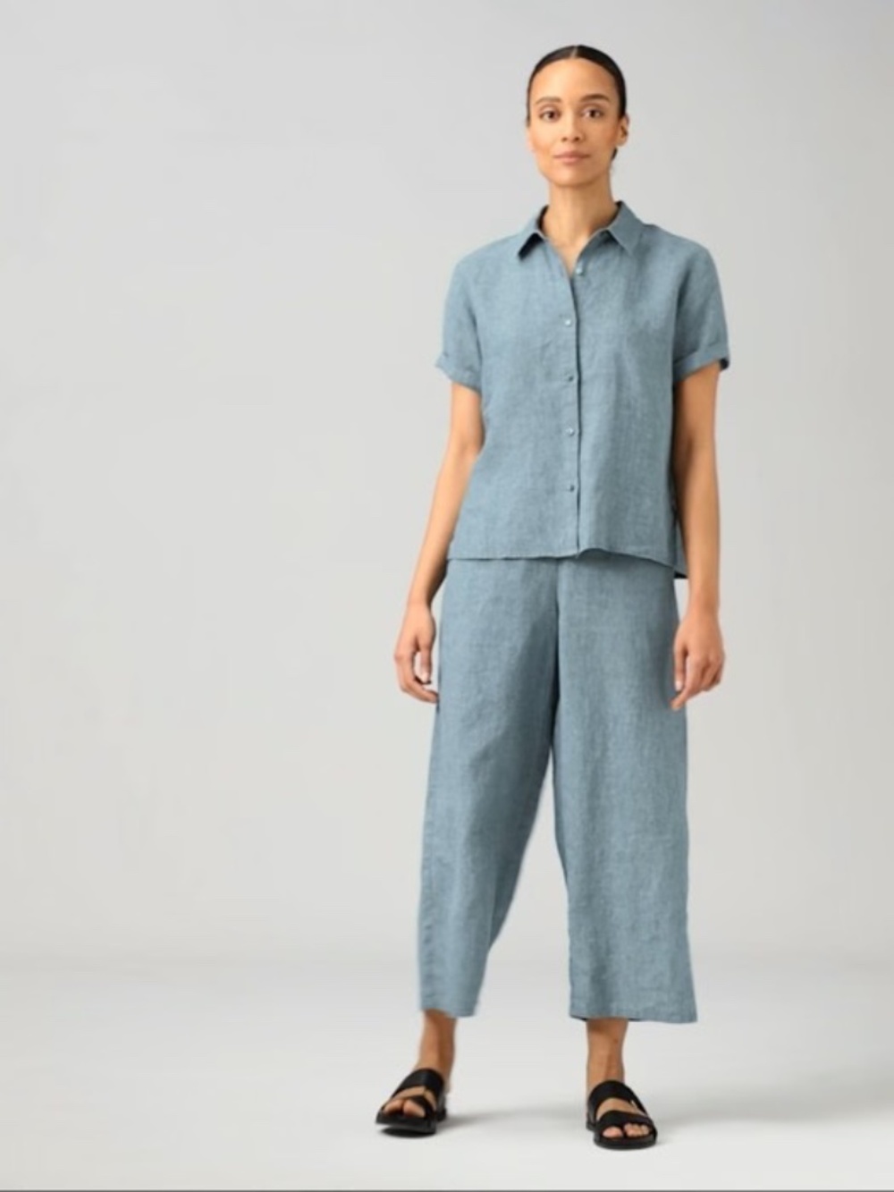 Eileen Fisher Washed Organic Linen Délavé Short-Sleeve Shirt and pants set 1X EU